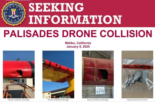 The FBI is seeking information on a January 9 collision between a drone and firefighting aircraft above the Palisades wildfire FBI-drone-collision-wanted
