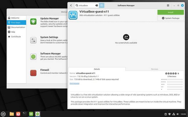 If you're running under VirtualBox, ignore the driver manager and install the FOSS guest additions If you're running under VirtualBox, ignore the driver manager and install the FOSS guest additions